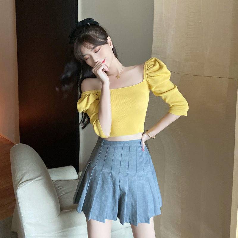 Áo Thun Dệt Kim Tay Ngắn Phồng Cổ Vuông Phong Cách Hàn Quốc Thời Trang Mùa Hè Cho Nữ