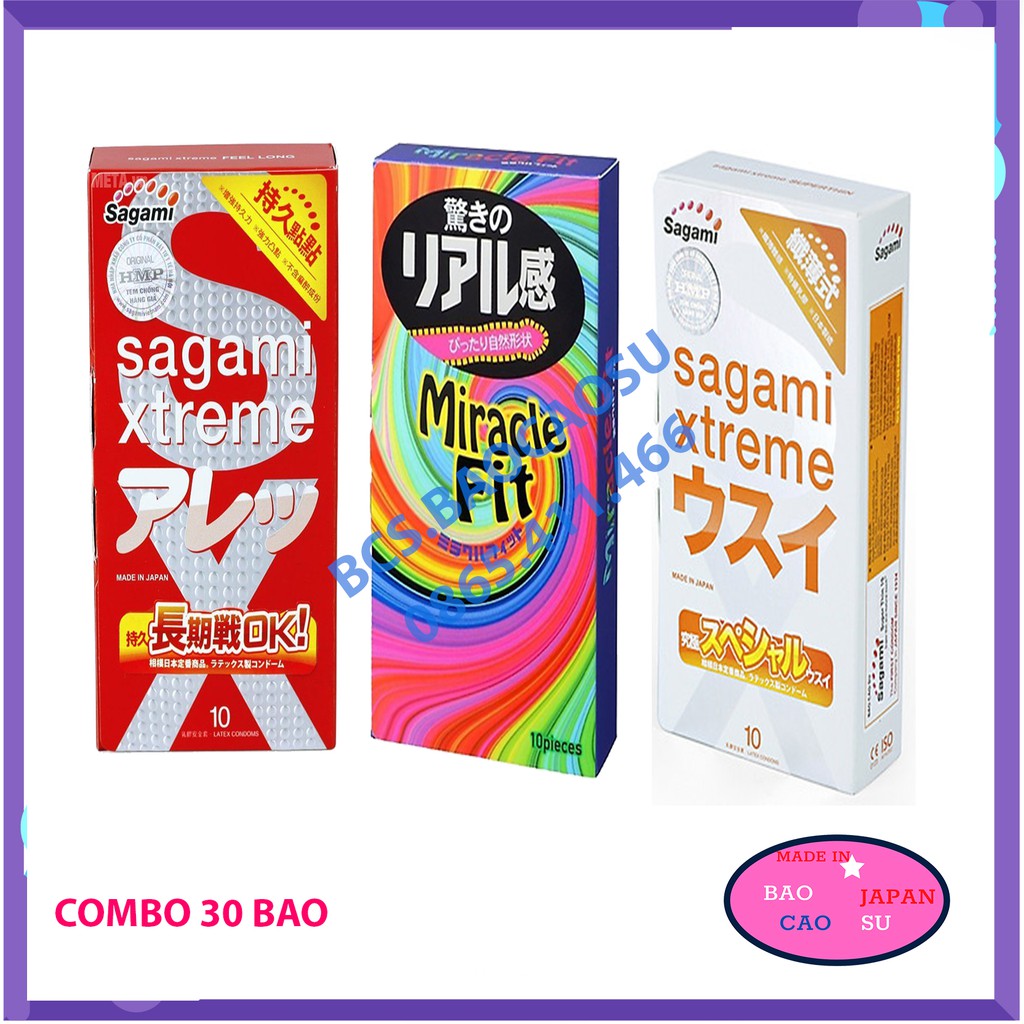 Combo 30 bao cao su Kéo dài thời gian Sagami Feel Long 10 + Super Thin 10 + Miracle Fit 10 giá rẻ [Free Ship]