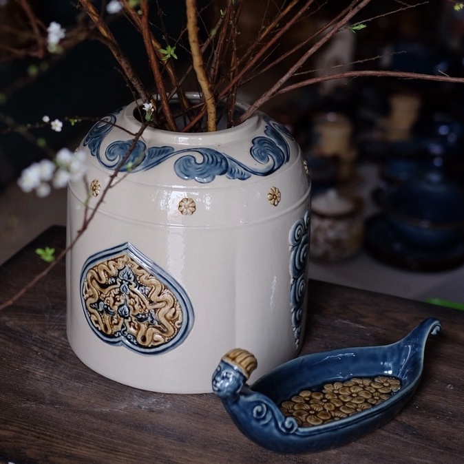 Bình gốm cắm hoa thạp lá đề rồng cao 24 cm Gốm Hiên Vân