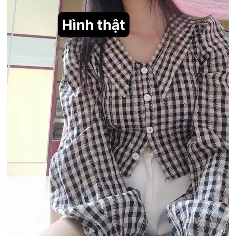 Áo sơ mi FOREVER21 cổ V tay dài phồng tiểu thư caro trắng đen