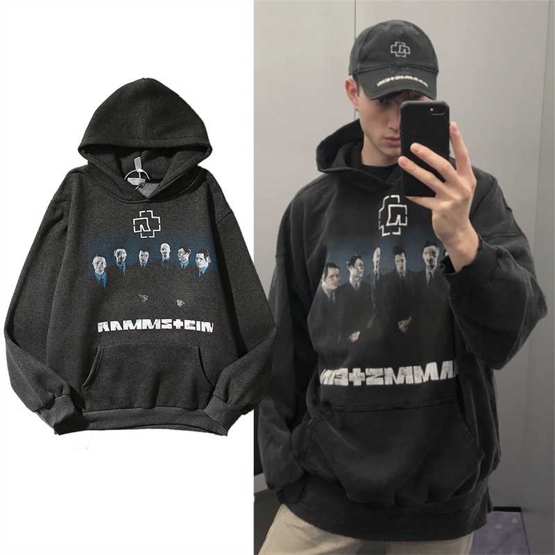 Áo Khoác Hoodie Cặp Đôi Vải Cotton Phối Nhung Dáng Rộng In Chữ Rammstein Kiểu Vintage