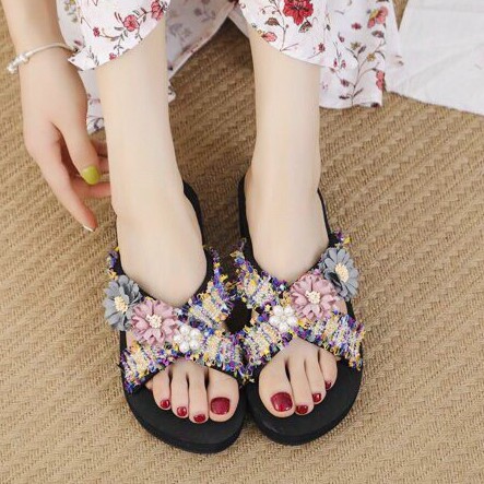 (SẴN HÀNG )Dép Xuồng Nữ Sandal Quai Chéo Thời Trang Đính Ren Hoa Chống Trượt