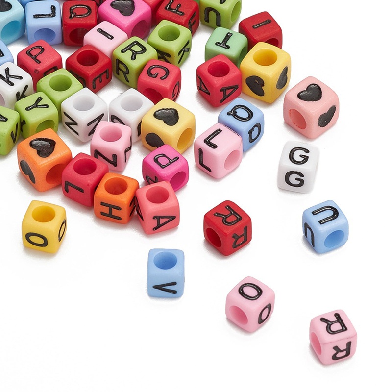 Túi Hạt Xỏ Lỗ Hình Vuông / Trái Tim In Chữ Dễ Thương Kích Thước 6x6mm Dùng Làm Trang Sức DIY