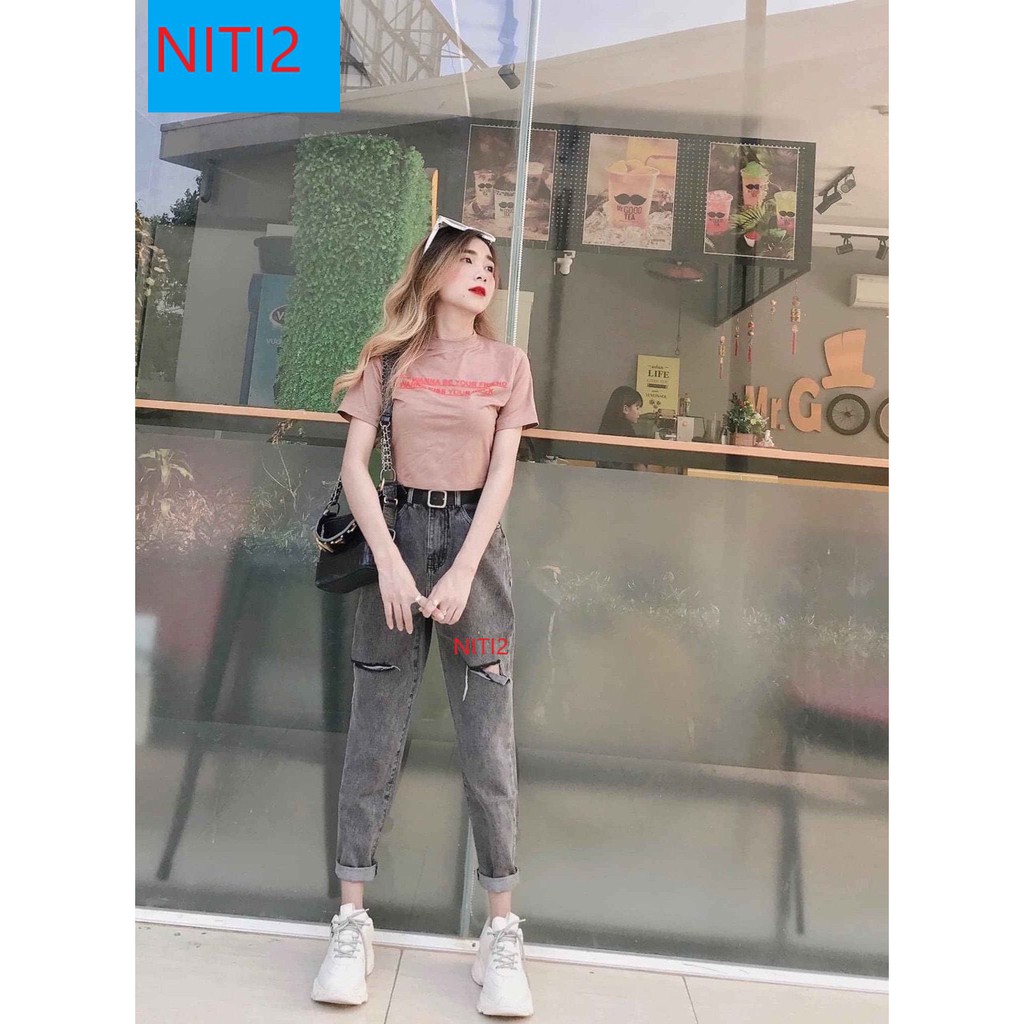 QUẦN BAGGY JEAN NỮ CAO CẤP NITI2 LƯNG SIÊU CAO MÀU XÁM RÁCH NGANG PHẢI PHỐI VẠT TRÁI CỰC HOT HIT-NY12308