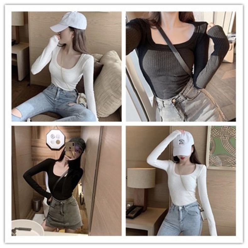 Áo thun COZOK tay dài dáng ôm cổ chữ U quyến rũ trẻ trung cho bạn gái