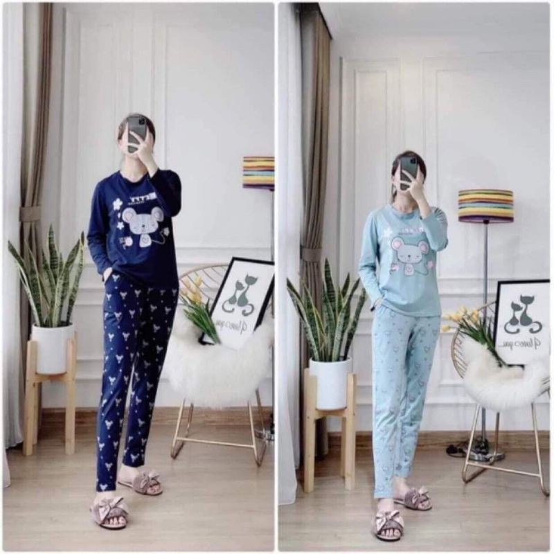 Set bộ quần áo dài tay mặc nhà cotton hình con chuột MH