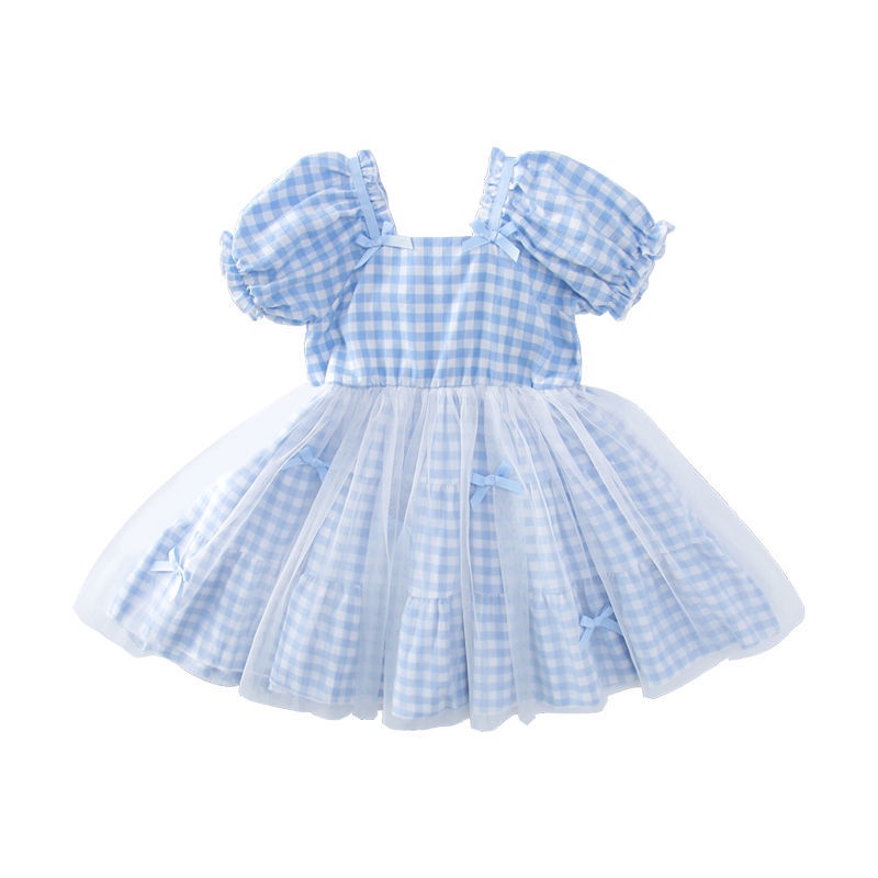 Đầm Công Chúa Tay Phồng Ngắn Kẻ Sọc Lưới Thời Trang Mùa Hè Hàn Quốc Mới Dành Cho Bé Gái 2022