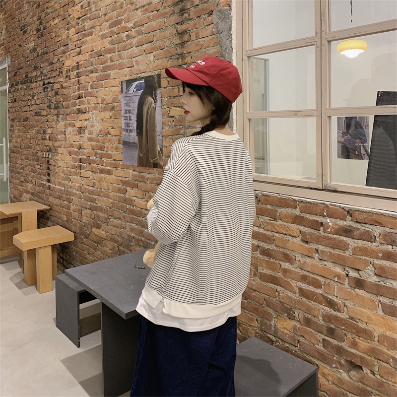 Áo Sweater Dáng Rộng Phối Họa Tiết Kẻ Sọc Đơn Giản Thời Trang Mùa Thu Cho Nữ