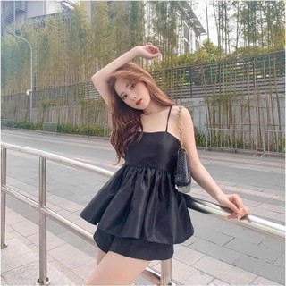 Set Áo Peplum Đen Đan Lưng Và Short