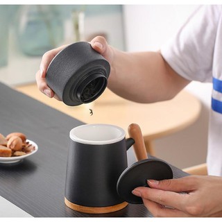 Cốc lọc trà phong cách bằng gốm cao cấp, Cốc pha trà quai gỗ