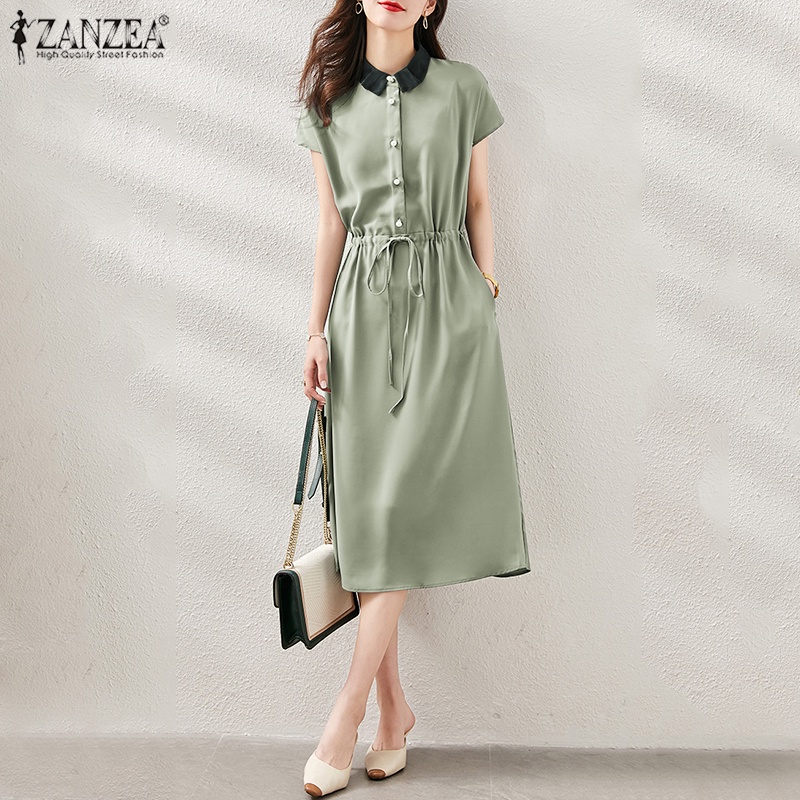 Đầm ZANZEA dài tay ngắn cổ bẻ phối dây rút thời trang cho nữ