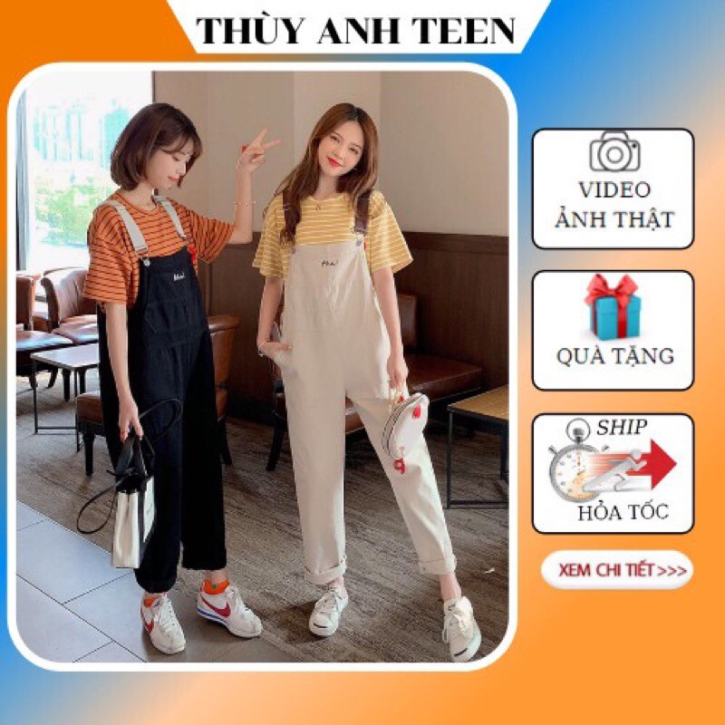 Quần yếm kaki, yếm nam nữ 2 dây phối màu thêu Aha, quần yếm Ulzzang form thụng Unisex - Hàng nhập khẩu