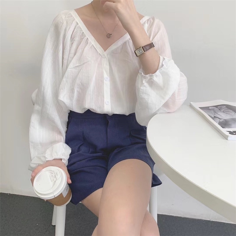Áo sơ mi tơ tay phồng