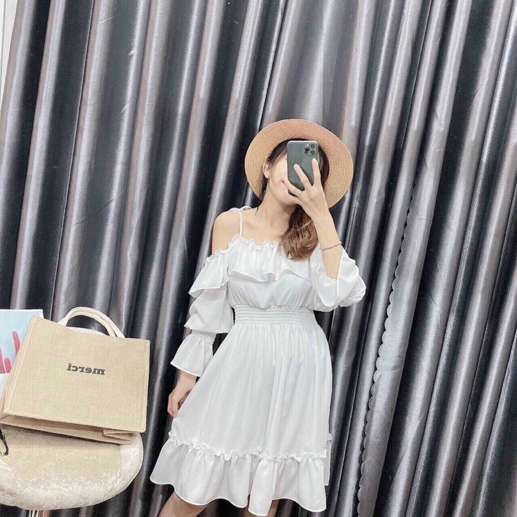 Đầm trắng trễ vai nhún eo dáng xoè bánh bèo, đầm bẹt vai 2 dây tiểu thư tay dài đi chơi, đi biển dễ thương, xinh đẹp