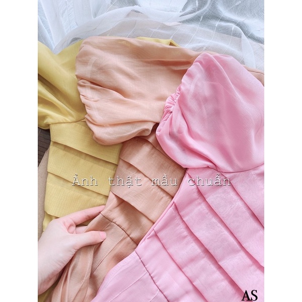 Váy tơ xếp li eo tay bồng dáng xoè dài midi sang chảnh tiểu thư voan 2 lớp