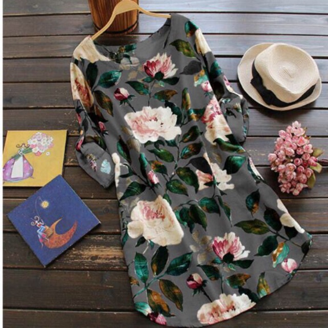 (S-XL bigsize) Đầm váy xám hoa Quảng Châu sang trọng, thanh lịch phong cách Hàn Quốc