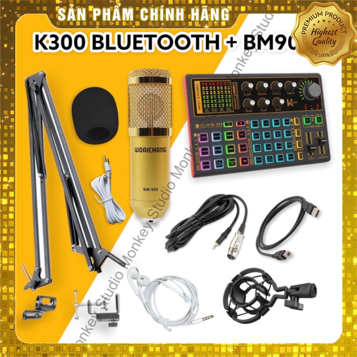 Bộ Mic Hát Livestream Soundcard K300 &amp; Mic BM900⚡BH 1 NĂM⚡Tặng Kèm Tai Nghe Kiểm Âm, Âm Thanh Sống Động Chất Lượng