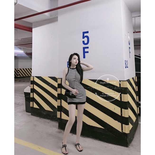 đầm body 3 lỗ phối sọc