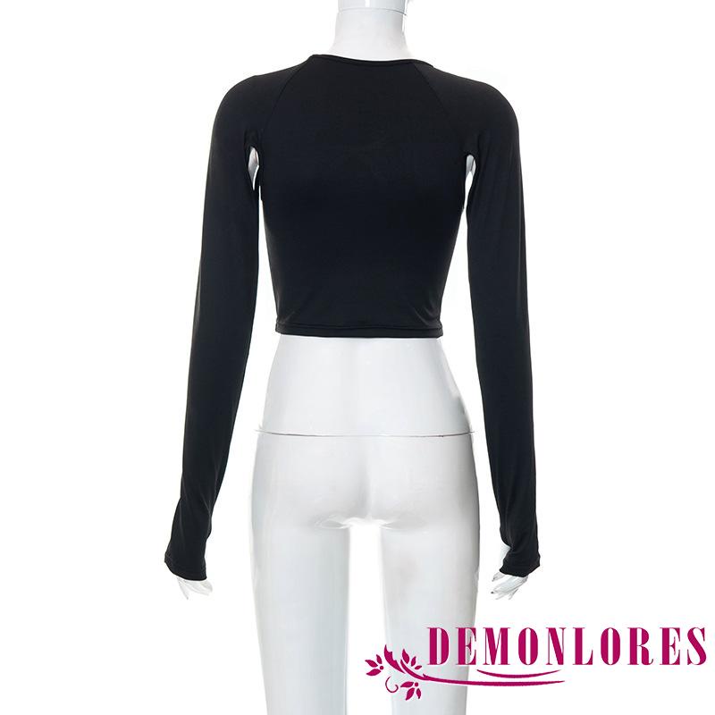 Áo Croptop Tay Dài Cổ Tròn Màu Trơn Thời Trang Mùa Hè Dành Cho Nữ