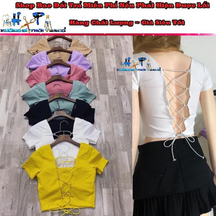 Áo Croptop Thun Borip Cổ Vuông Tay Ngắn Hở Lưng Đan Dây Siêu Thời Trang Mẫu Hót 2020-Hàng có Sẵn  ྇