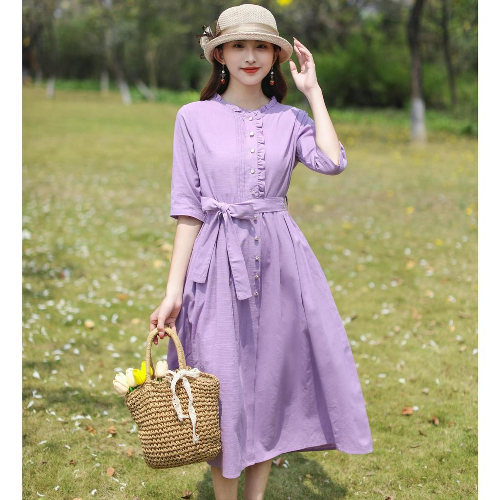 Đầm nữ dáng suông dài tay lỡ, cổ bèo cài cúc, có dây thắt eo, chất liệu Linen mềm phong cách retro cho nữ