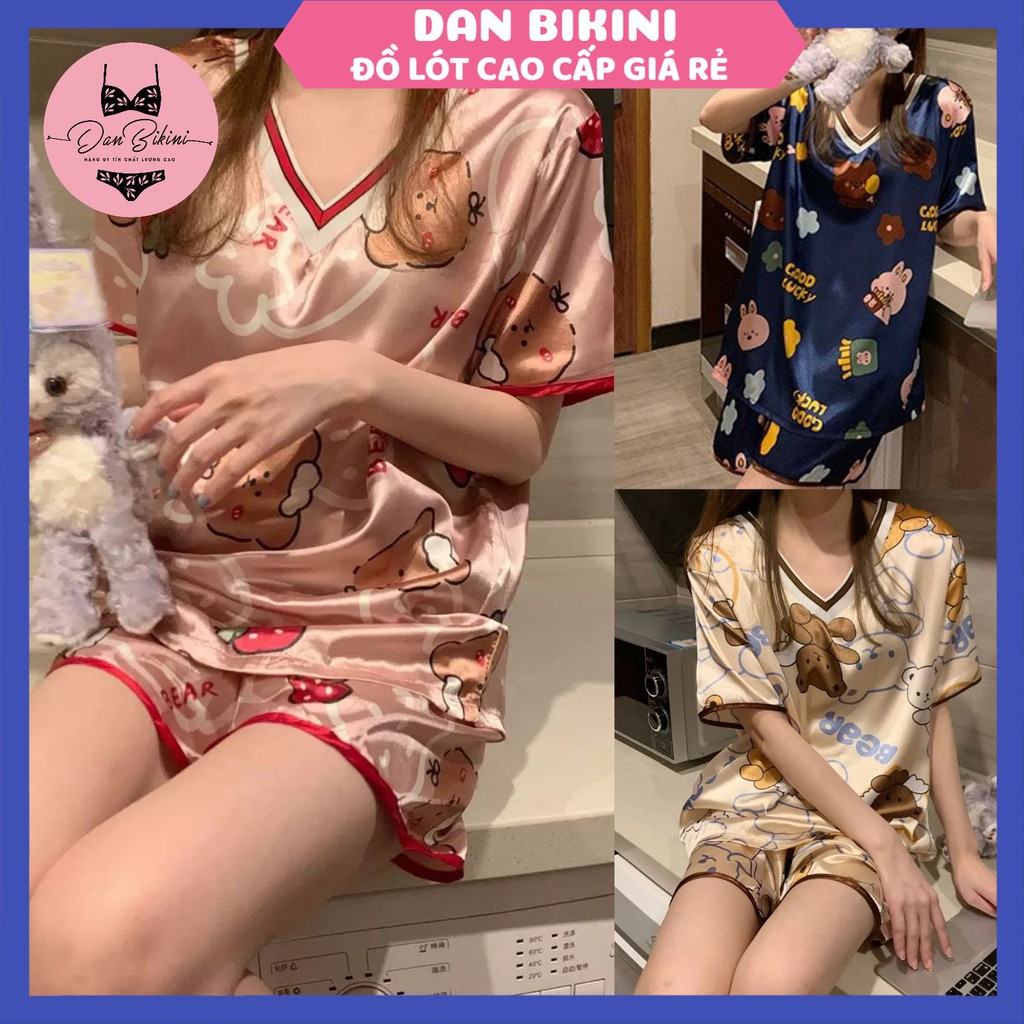 Đồ Bộ Ngủ Nữ Cổ chứ V Satin Cộc tay dành cho mùa hè - Quần Áo Ngủ Nữ ngộ nghĩnh đáng yêu mã QA07