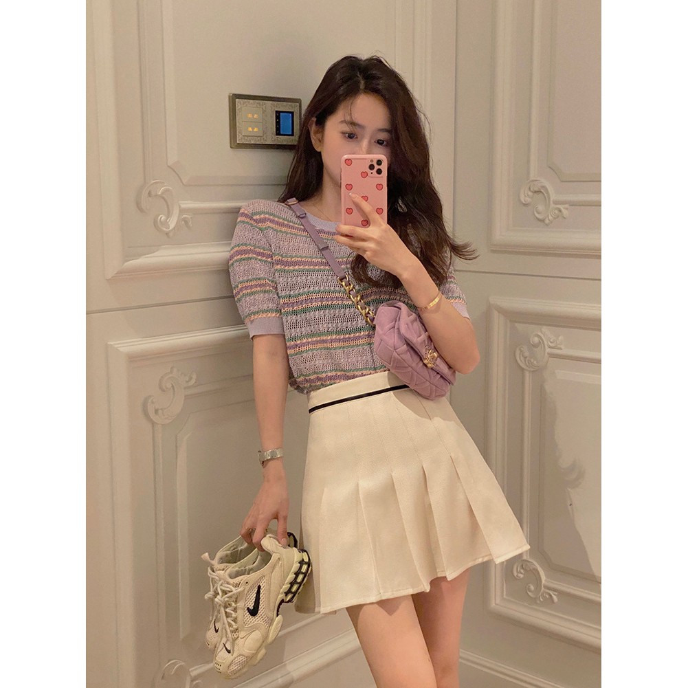 Áo dệt kim Xiaozhainv tay ngắn cổ tròn thời trang mùa hè cho nữ