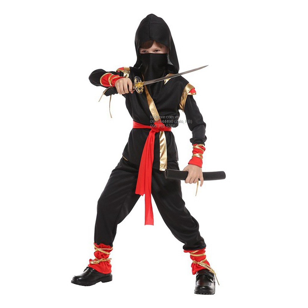 Bộ hóa trang Ninja kiểu quần áo liền thân kèm mũ chùm đầu, đai cho bé