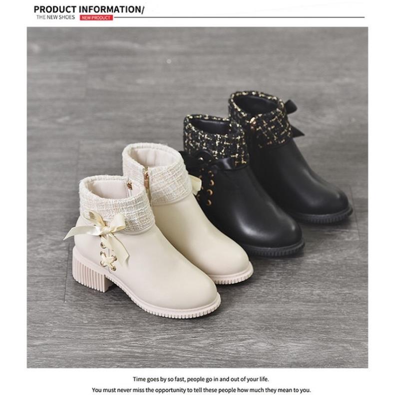 Giày bốt martin đan nơ xinh xắn, giày boots cổ vừa phối len đế cao 5cm. WS