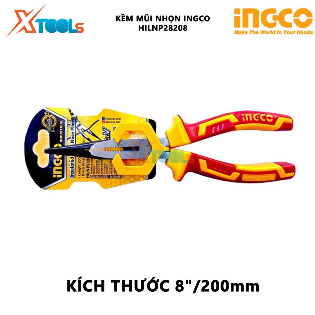 Kềm mũi nhọn cách điện INGCO HILNP28208 | Kìm cắt công nghiệp Kích thước 8&quot;/200mm Đầu kềm được đánh bóng và chống gỉ, dù