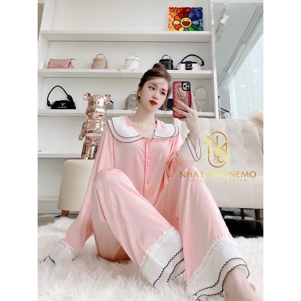 Đồ bộ pijama mặc nhà LỤA LATIN trơn tay dài TIỂU THƯ phối bèo hot trend kèm nơ cho bạn nữ sang trọng và tinh tế