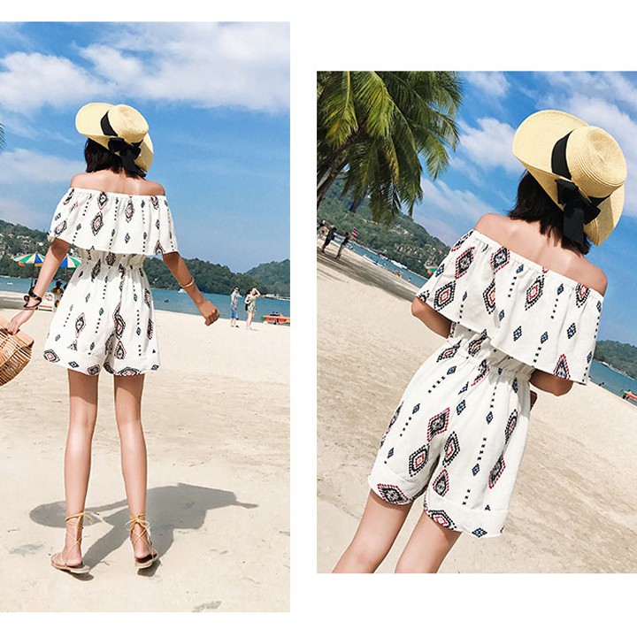 Jumpsuit trễ vai họa tiết thổ cẩm dễ thương thời trang đi biển Hàng nhập cao cấp (màu trắng)