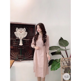 Váy kẻ tay dài cổ tròn thắt nơ eo MSTRT8