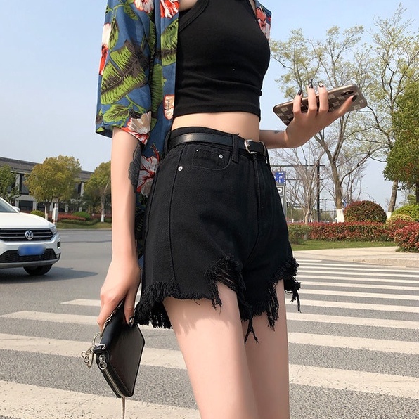 Xả Kho : XK006 Quần short jean nữ ngắn tua rua lưng cao thời trang cho nữ nhiều màu tùy chọn phối rách denim cotton