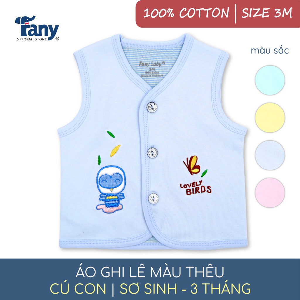 Áo ghi lê màu thêu Fany® hình cú con size 3M cho trẻ sơ sinh - 3 tháng 100% cotton mềm mại điều hòa thân nhiệt tốt