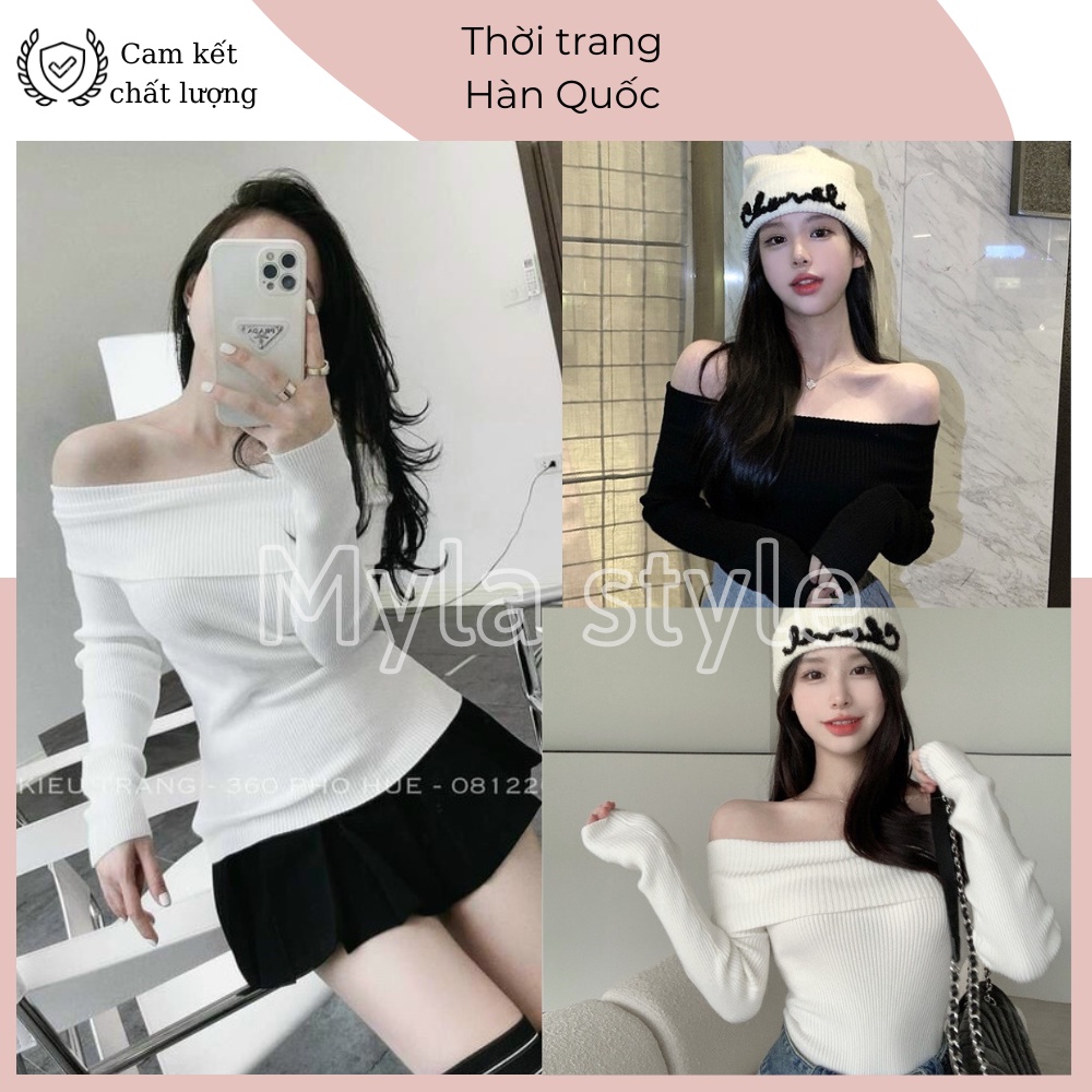 Áo thun tăm trễ vai dài tay co dãn ôm body phong cách tiểu thư cá tính Hàn quốc 2 màu đen trắng