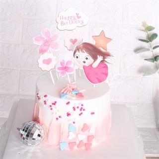 Phụ kiện trang trí bánh sinh nhật_Set em bé váy hồng + hoa