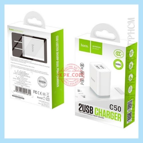 Cóc Sạc Nhanh | Chính Hãng Hoco C50 | Dòng 5V / 2.1A _2 Cổng Ra | Bảo Hành 12 Tháng