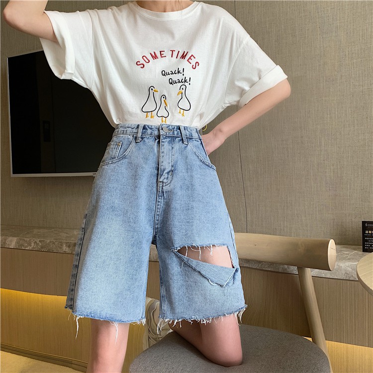 [SẴN] Quần lửng jean nữ lưng cao xanh nhạt Ulzzang Quảng Châu QLJ60