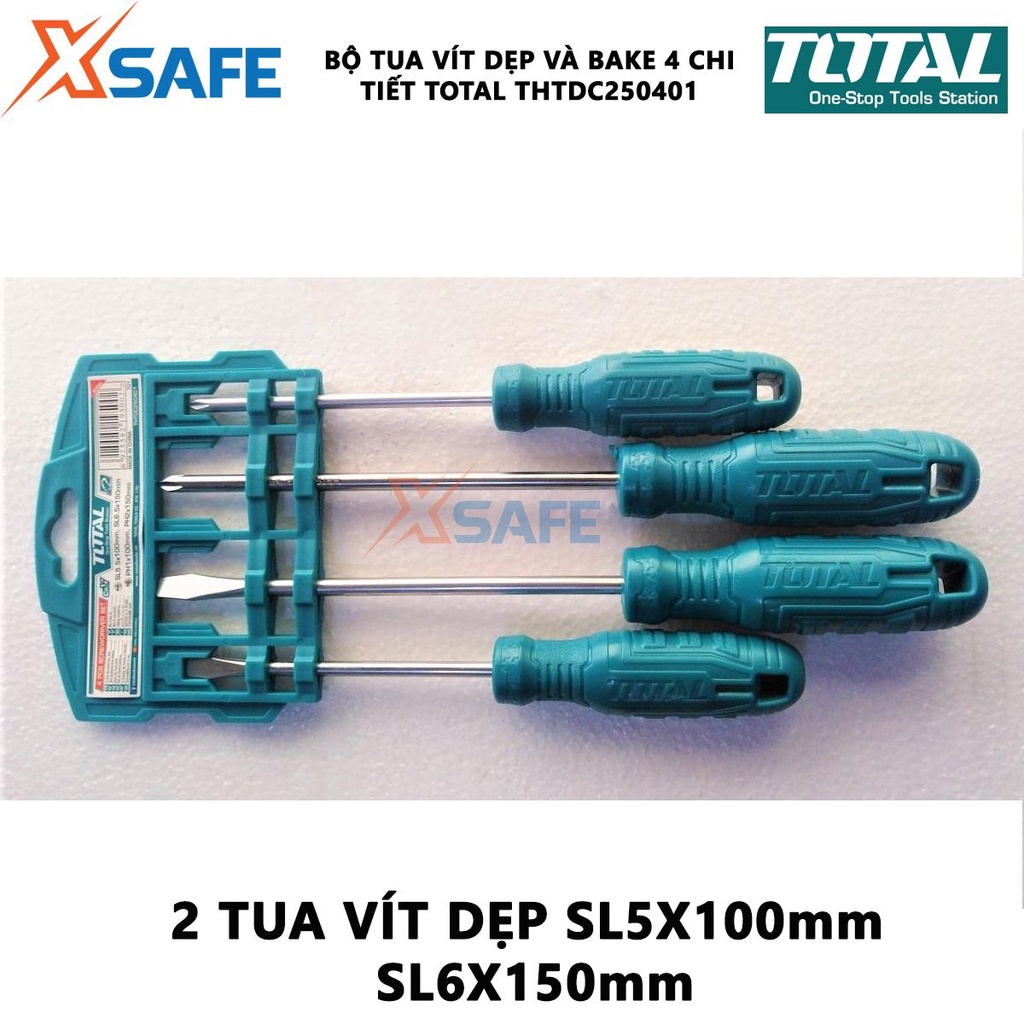 Bộ tuốc nơ vít dẹp và bake 4 chi tiết TOTAL THTDC250401 | Bộ 4 tua vít gồm 2 tuốc nơ vít dẹp SL5X100mm, SL6X150mm