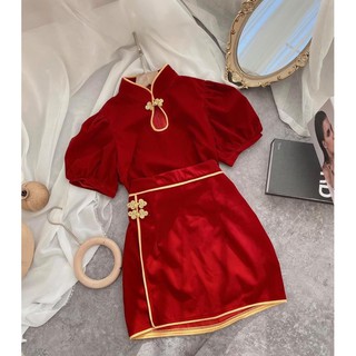 SET CROP ĐỎ NHUNG CỔ TÀU + CHÂN VÁY - kèm hình thật