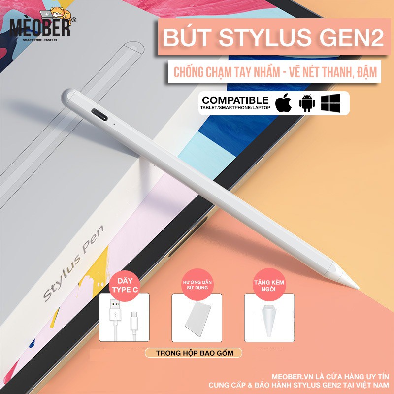 [NEW 2022] Bút cảm ứng Stylus Gen 2 - Hỗ trợ tì tay khi viết, nét thanh, đậm cho iPad, iPhone, Android &amp; Laptop Cảm ứng