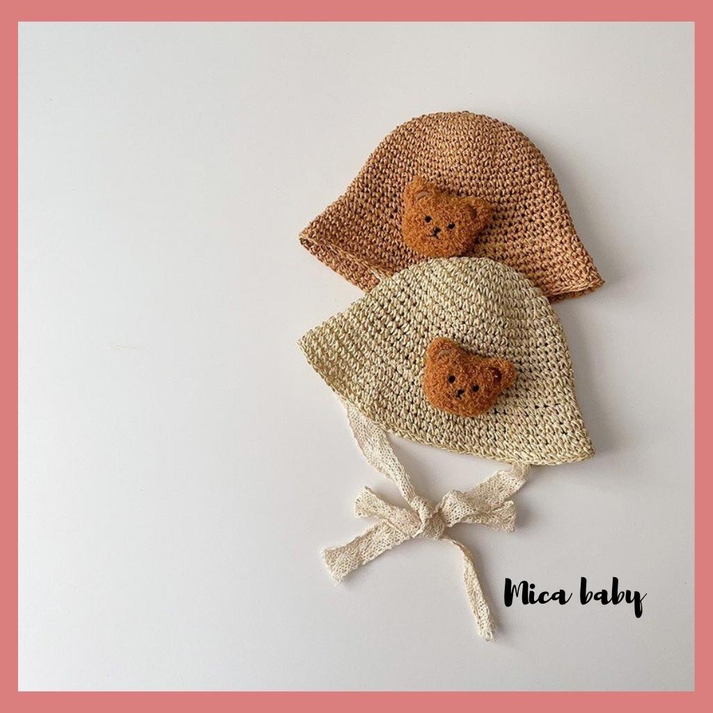 Mũ bucket chất cói mềm đính gấu bông xù dễ thương cho bé MH178 Mica Baby