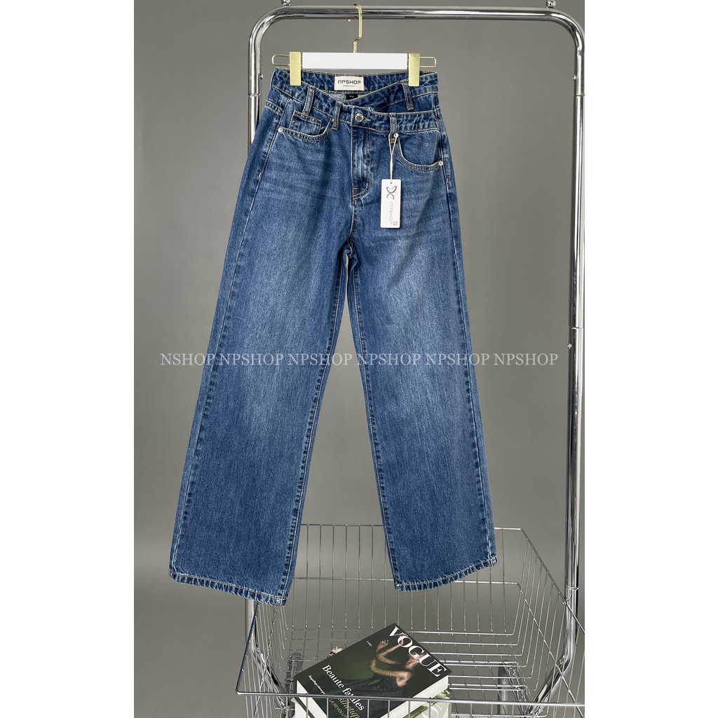 Quần jean nữ ống rộng dài lưng cao, quần bò ống rộng kiểu nút lệch NPQ060