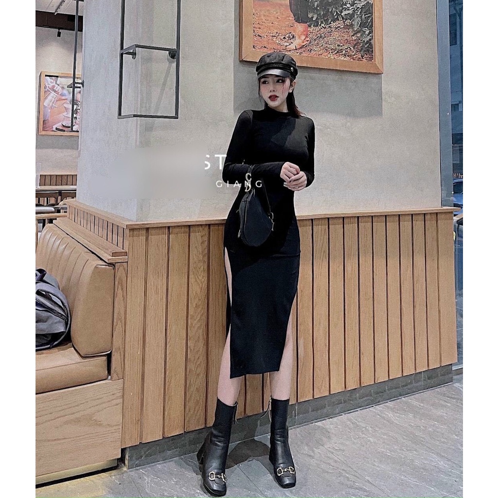 Váy đầm ôm dài tay, sexy, cổ tròn có xỉa tà hai bên, dáng váy dài dễ thương, sang chảnh, dễ mặc, năng động | BigBuy360 - bigbuy360.vn
