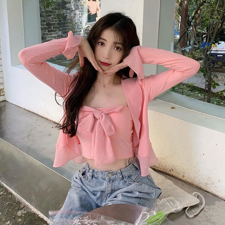 Jiashucheng Áo Hai Dây Thắt Nơ + Áo Khoác Cardigan Chống Nắng Ngọt Ngào Dễ Phối Đồ Phong Cách Nhật Bản