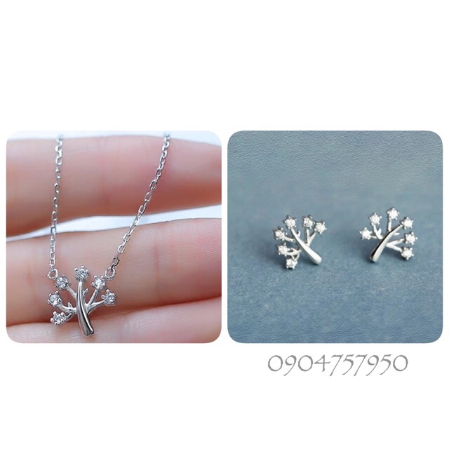 bộ bông tai dây chuyền hình cây bạc 925 hàn quốc xinh xắn dễ đeo
