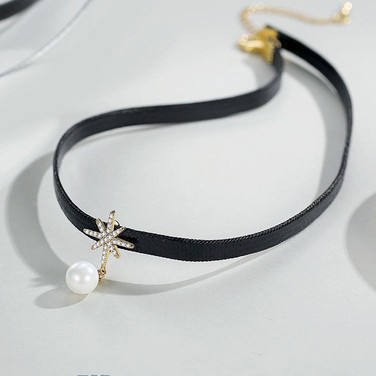 Vòng Cổ Choker Ngắn Hình Ngôi Sao Tám Cánh Đính Ngọc Trai Màu Đen Thời Thượng 2022
