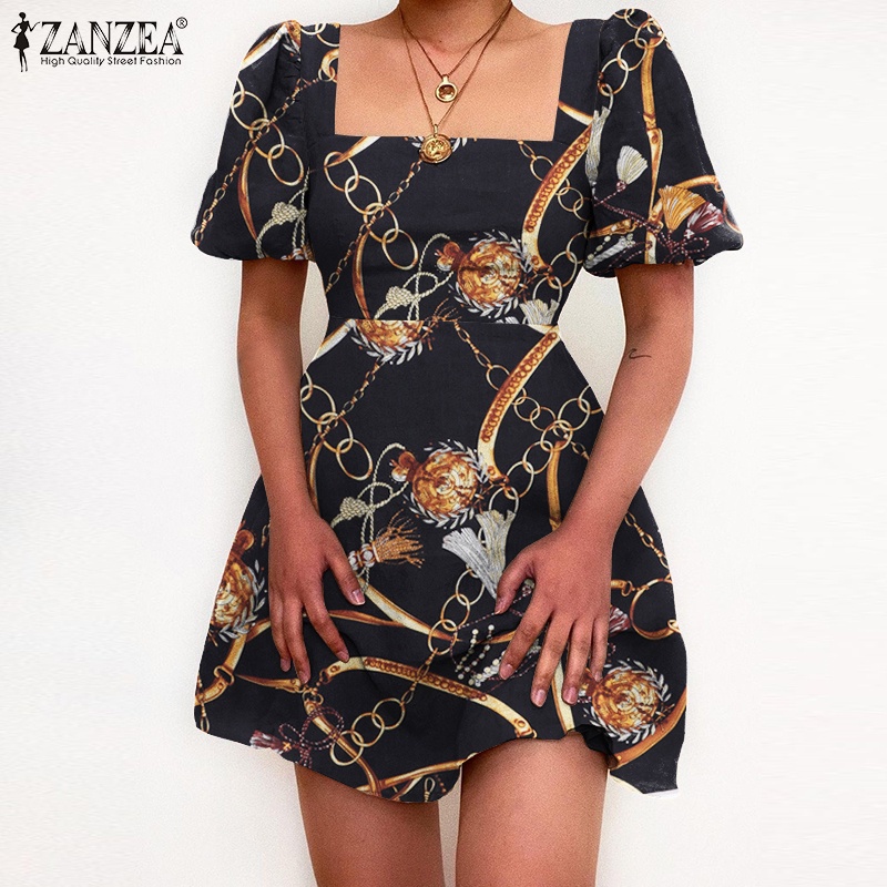 Đầm ngắn ZANZEA thời trang tay phồng cổ áo vuông họa tiết dây mắt xích in giản đơn dành cho nữ