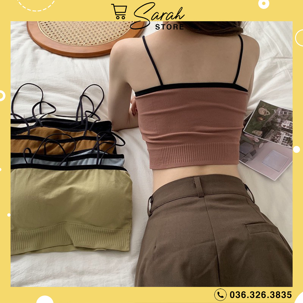 Áo 2 Dây Croptop Có Đệm Ngực Cotton Nhiều Màu Phối Viền Đen Cá Tính 388